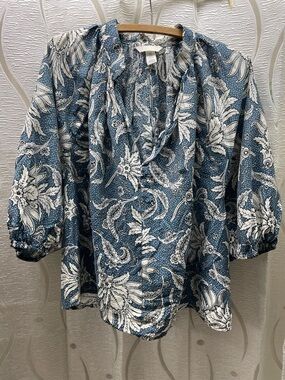 H&M Blue and White Paisley Peasant Blouse